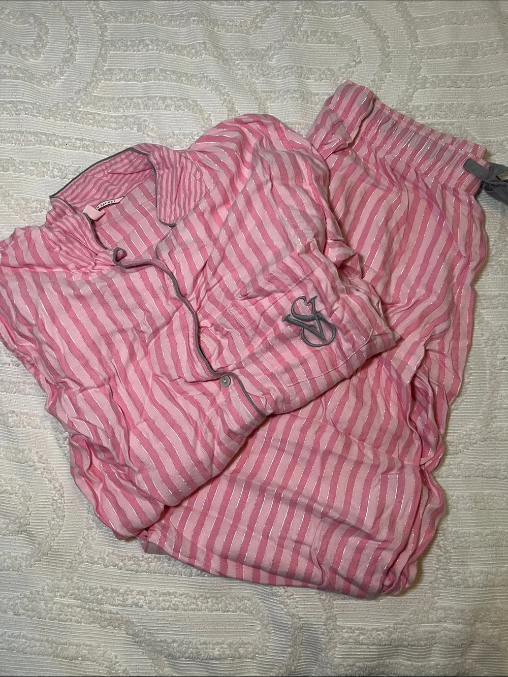 Victoria's Secret Pink Striped Pajama Set with Gray Trim - Picture 1 of 4